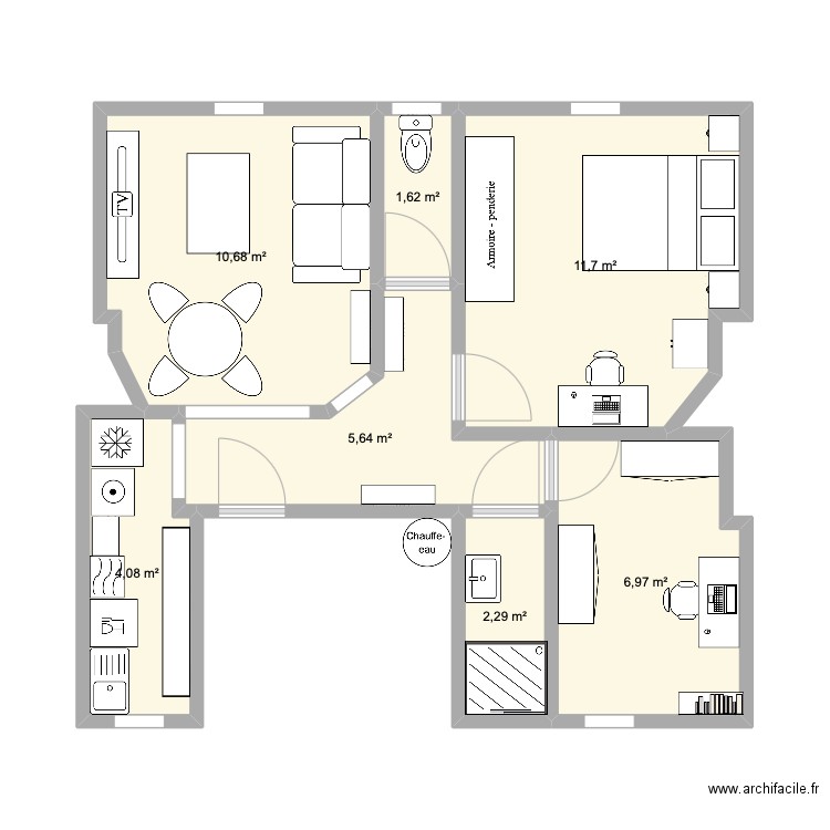 Projet 1 - Aménagé. Plan de 7 pièces et 43 m2