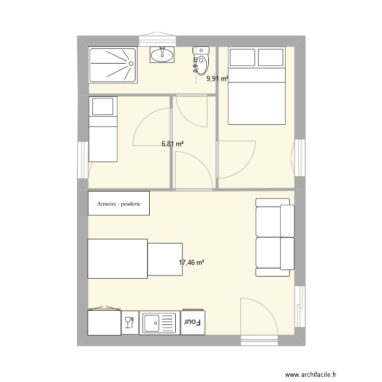 logement 35m2. Plan de 3 pièces et 34 m2