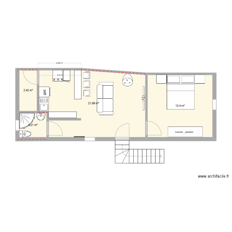 studio principal amenagé v01. Plan de 4 pièces et 40 m2
