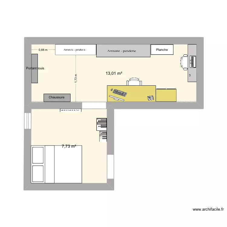 Dressing. Plan de 2  et 21 m²