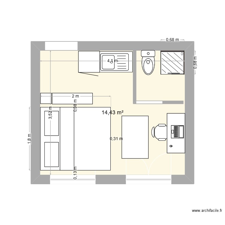 Loic appart 1. Plan de 1 pièce et 14 m2