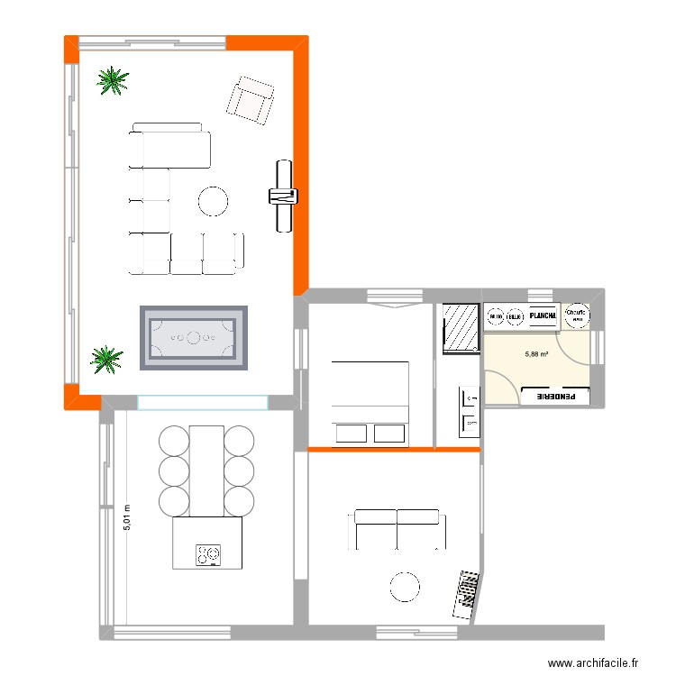 RDC. Plan de 1 pièce et 6 m2