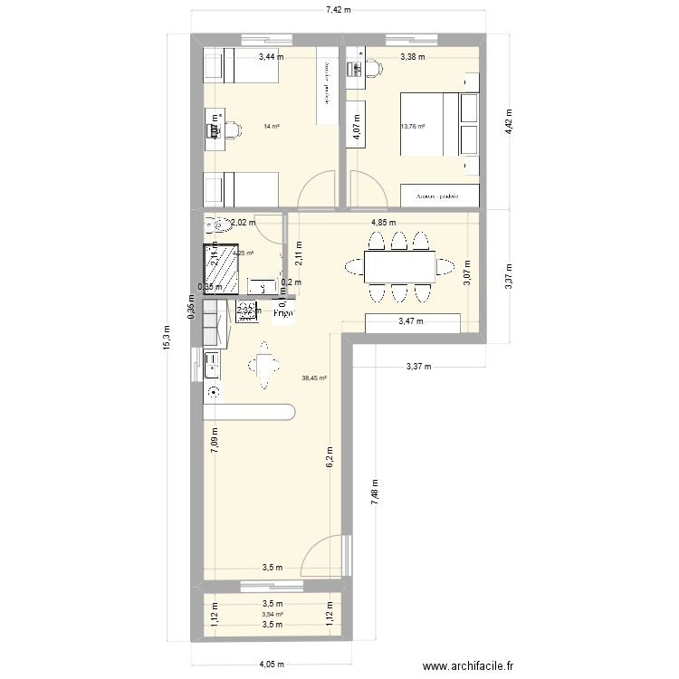 Bled 2eme ètage. Plan de 5 pièces et 74 m2