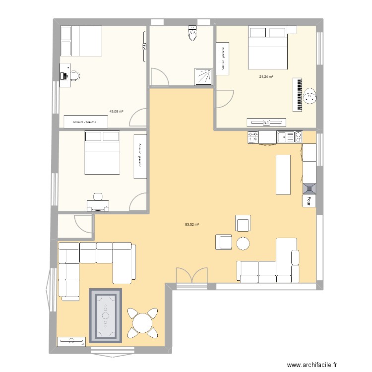 rdc. Plan de 3 pièces et 148 m2