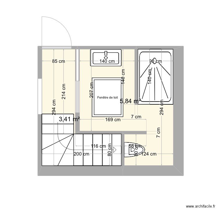 Salle de bain faience. Plan de 2 pièces et 9 m2