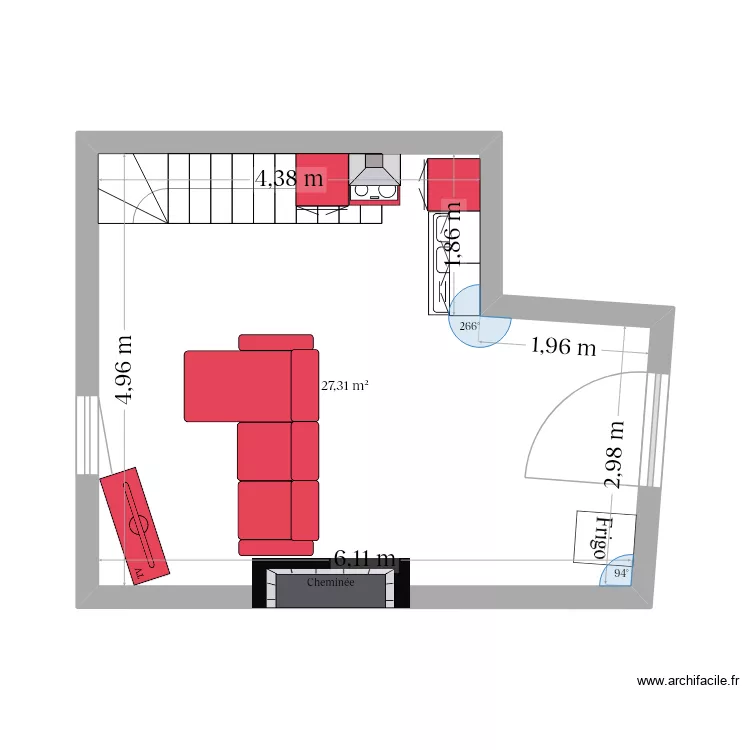 Pessines salon cuisine. Plan de 1  et 27 m²