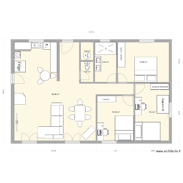 Plan chambre 1 et 2. Plan de 7 pièces et 93 m2