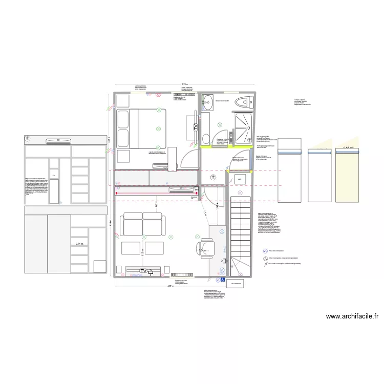 1 DEF Remise:  chambre 2 pers cot&eacute; quai + bureau/salon cot&eacute; cour + SDB. Plan de 16 Pièces et 47 m²