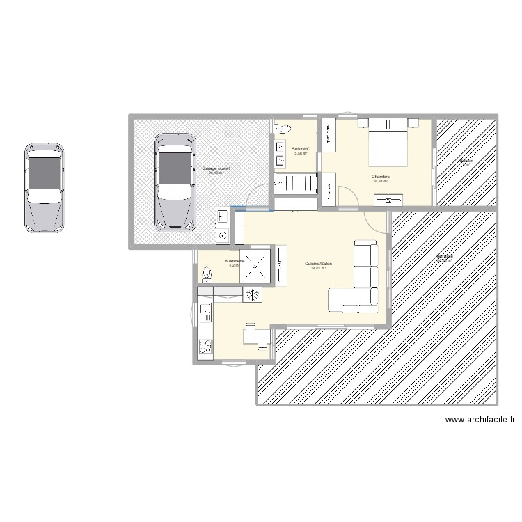 T2 de 60 M2. Plan de 7 pièces et 146 m2