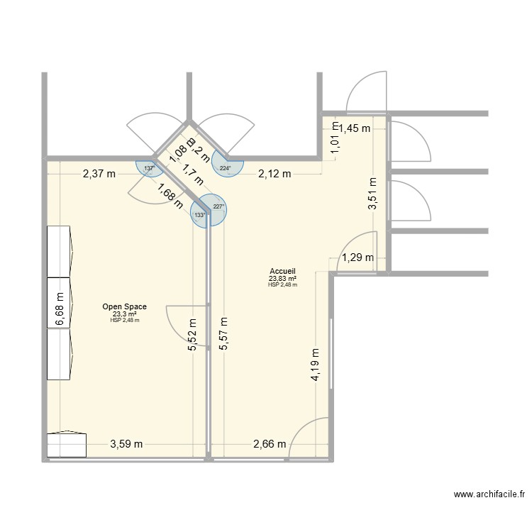 open space. Plan de 2 pièces et 47 m2