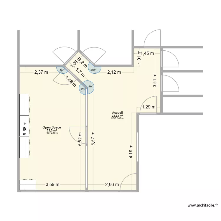 open space. Plan de 2 pièces et 47 m²
