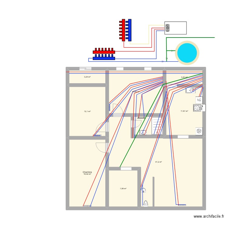 amine plomberie. Plan de 8 pièces et 111 m2