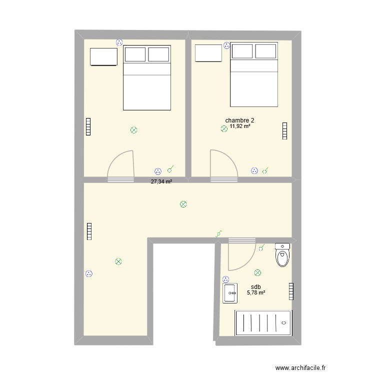 haut. Plan de 3 pièces et 45 m2