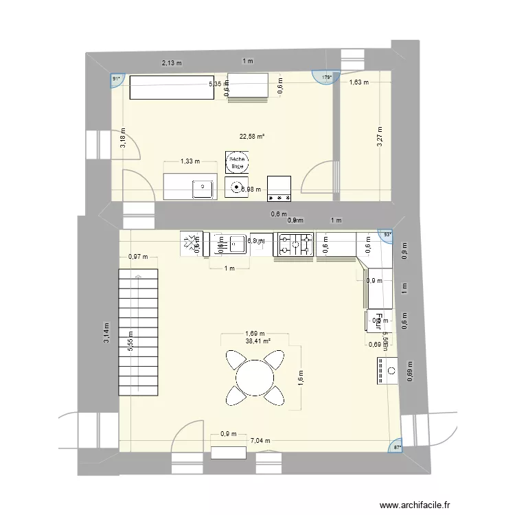 cuisine et arri&egrave;re cuisine. Plan de 2  et 61 m²