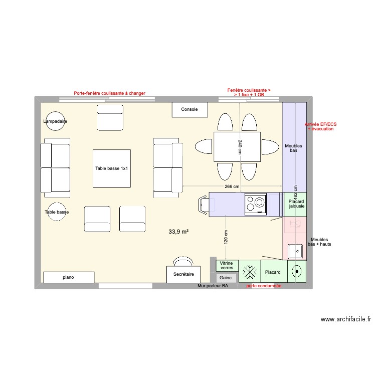 Cuisine ouverte en U. Plan de 2 pièces et 34 m2