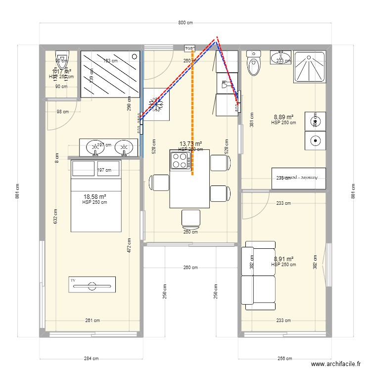 bout bois. Plan de 5 pièces et 51 m2