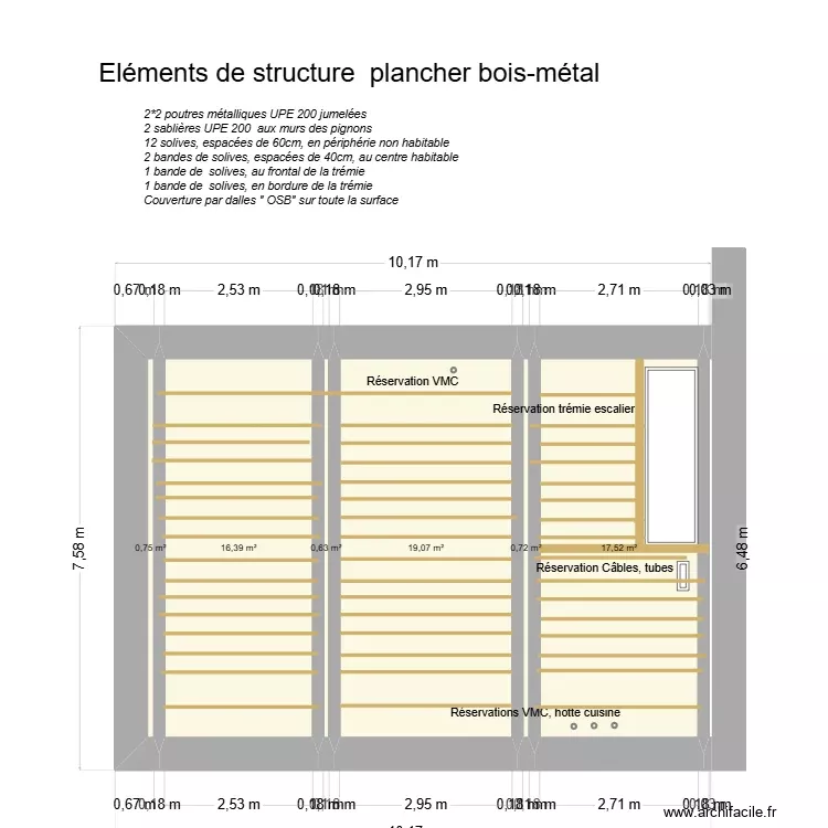 V4 - Plancher bois-m&eacute;tal Pleudihen 2i&egrave;me &eacute;tage. Plan de 6 Pièces et 55 m²