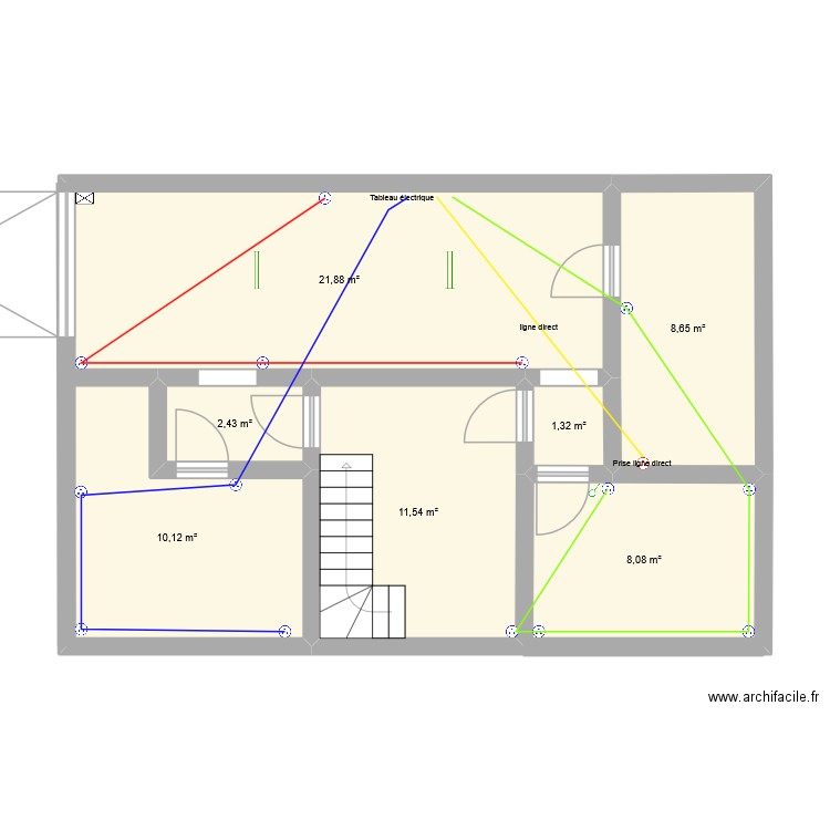 Sous sol chacha circuit prise. Plan de 7 pièces et 64 m2