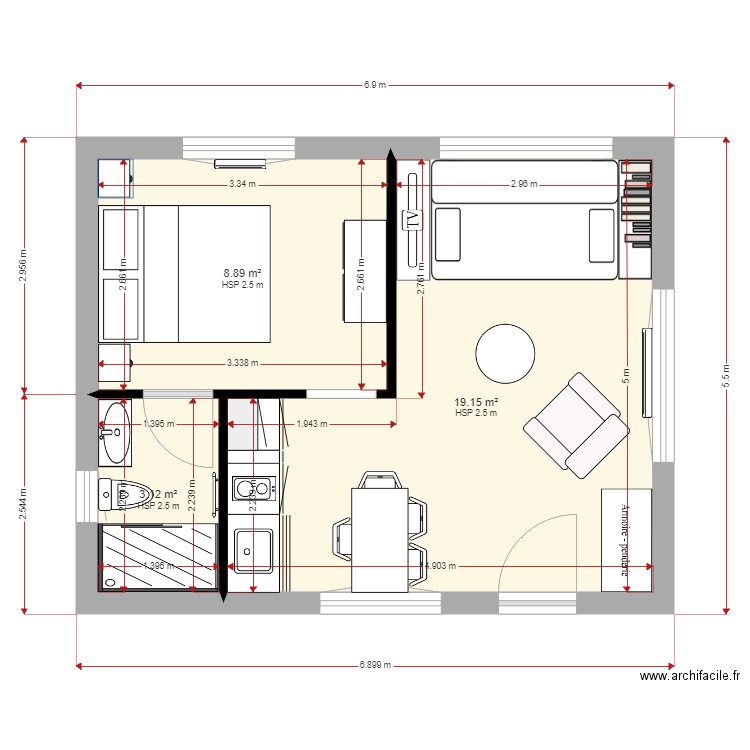 Appart J Jaurès. Plan de 3 pièces et 31 m2