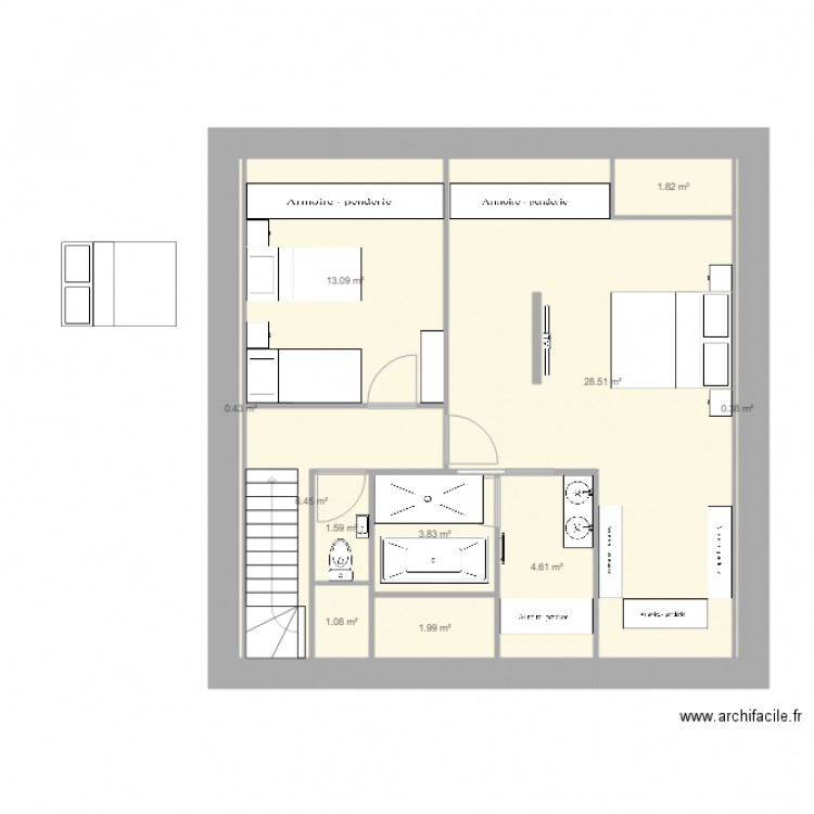 etage 1. Plan de 11 pièces et 64 m2