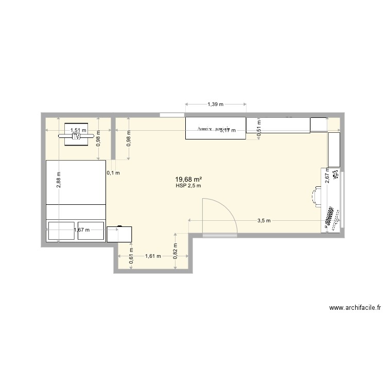 Chambre Antoine bis. Plan de 1 pièce et 20 m2