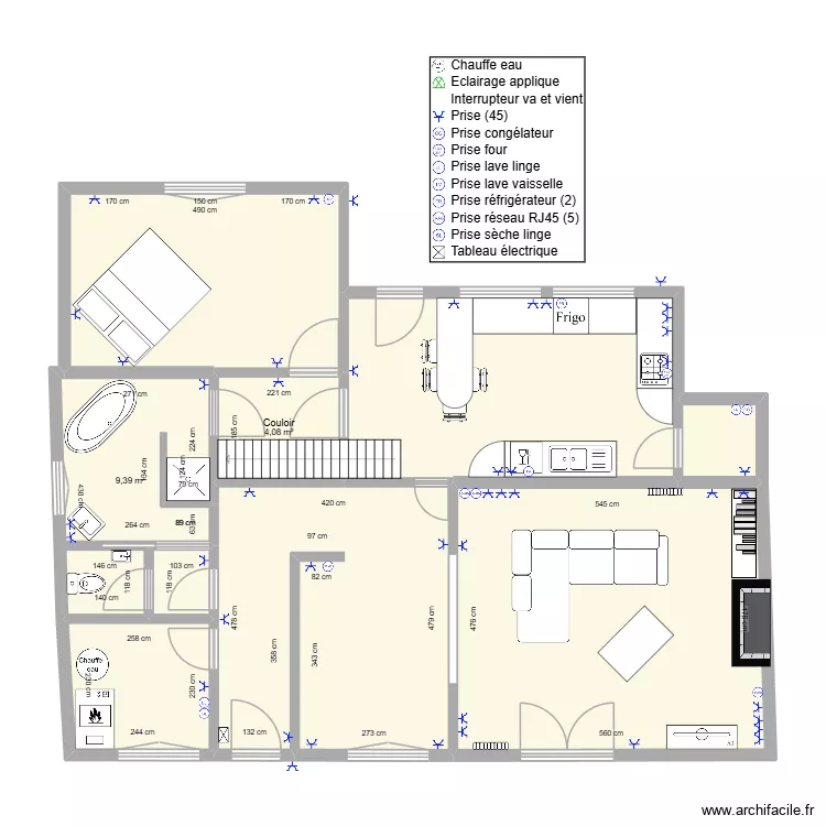 plan &eacute;lectrique prises. Plan de 13  et 185 m²
