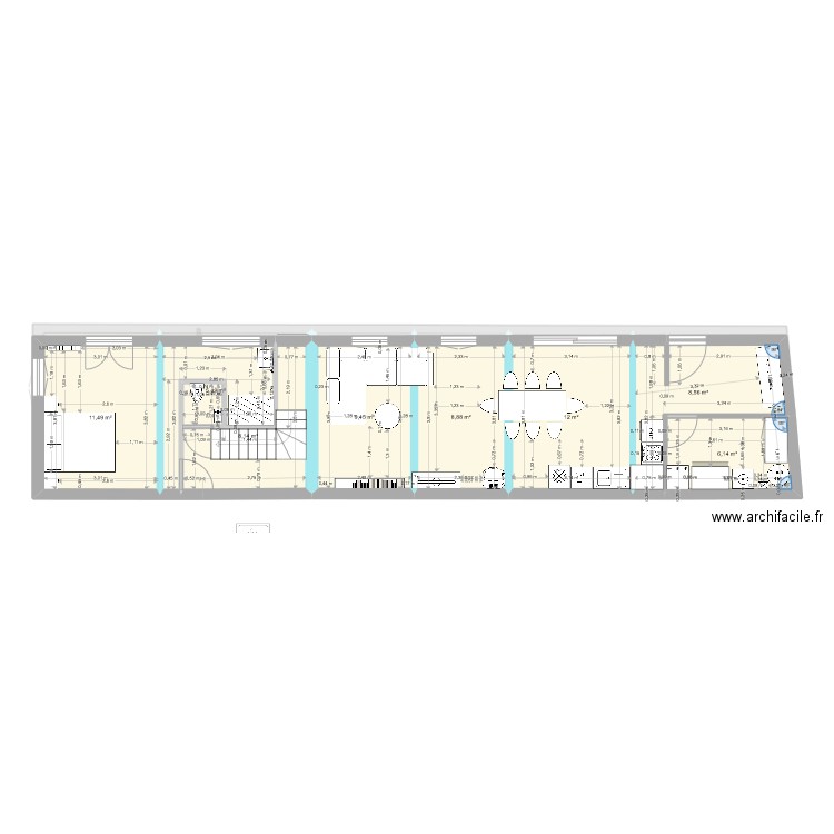 Projet 8 escalier 1/4 centré. Plan de 20 pièces et 149 m2