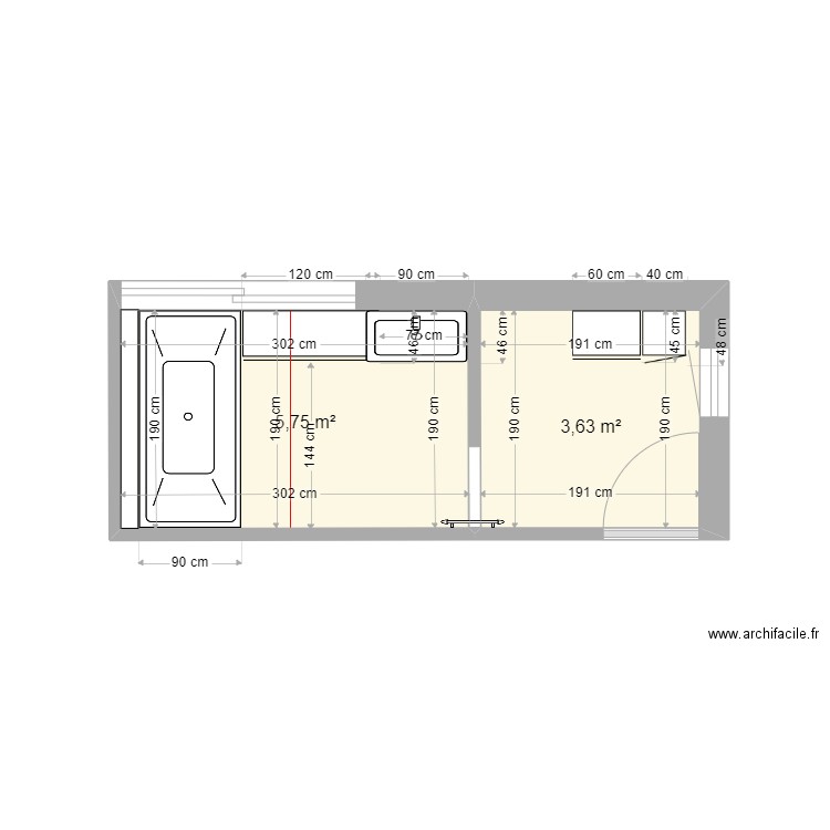 Salle de bains du haut. Plan de 2 pièces et 9 m2