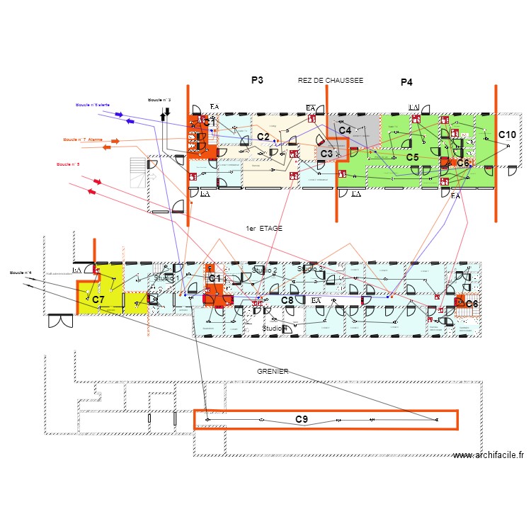IMP  STUDIO  LEERS DETECTION INCENDIE sens de câblage épuré. Plan de 0 pièce et 0 m2