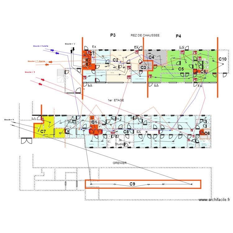 IMP  STUDIO  LEERS DETECTION INCENDIE sens de câblage épuré. Plan de 64 pièces et 701 m2