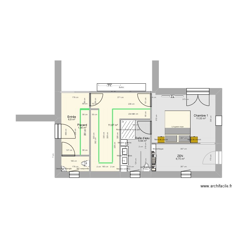Aménagement Suite Parentale V1. Plan de 6 pièces et 45 m2