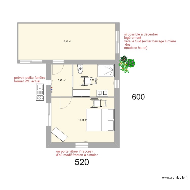 esquisse cote sud. Plan de 4 pièces et 43 m2