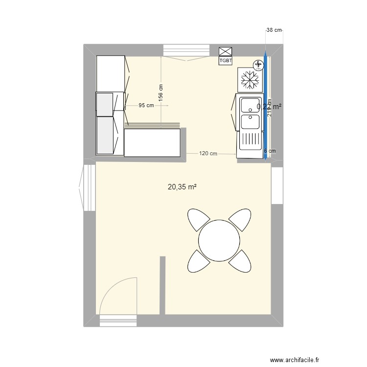 cuisine 1er etage. Plan de 2 pièces et 21 m2