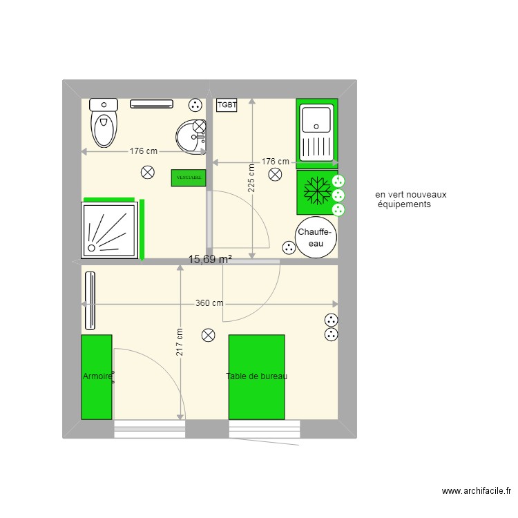 loge le verger. Plan de 1 pièce et 16 m2