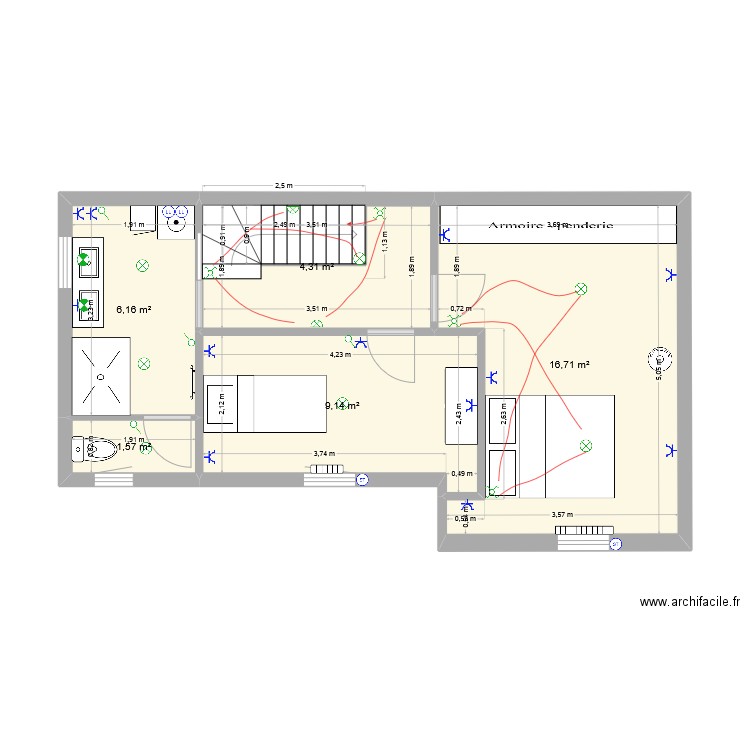 1er étage. Plan de 6 pièces et 42 m2