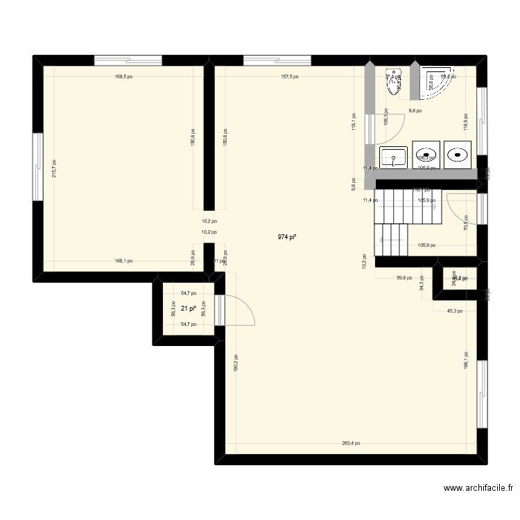 sous sol. Plan de 2 pièces et 93 m2