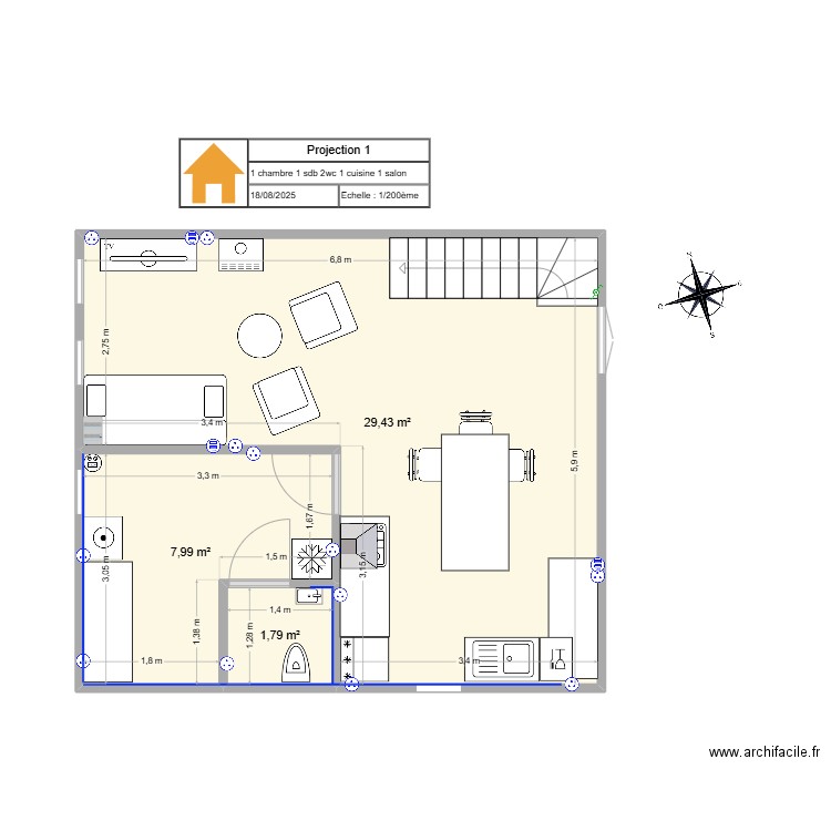 Projection1. Plan de 6 pièces et 78 m2
