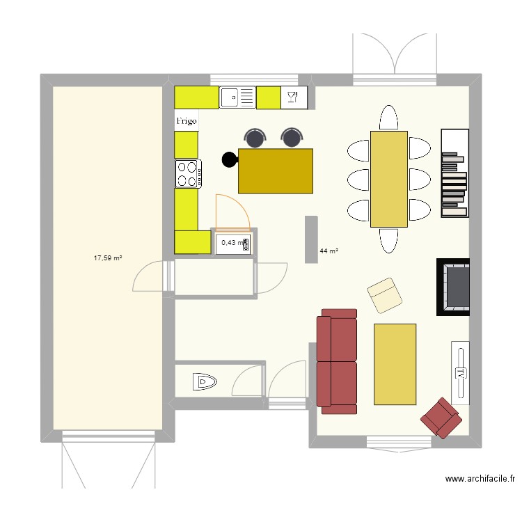 RdC Maison. Plan de 3 pièces et 62 m2