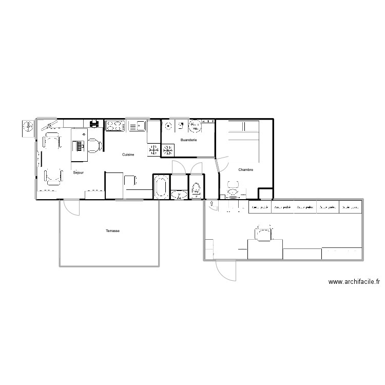 Plan du Mobil-Home avec extension 3. Plan de 9 pièces et 70 m2