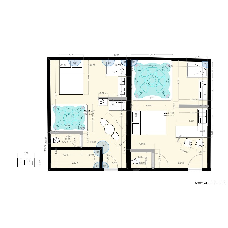 room. Plan de 2 pièces et 53 m2