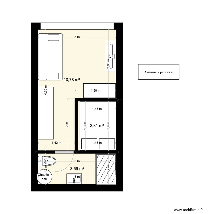 Appart papa foch v2. Plan de 3 pièces et 17 m2