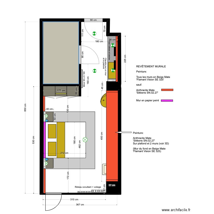 Chambre 13 - Revêtement murale. Plan de 2 pièces et 30 m2