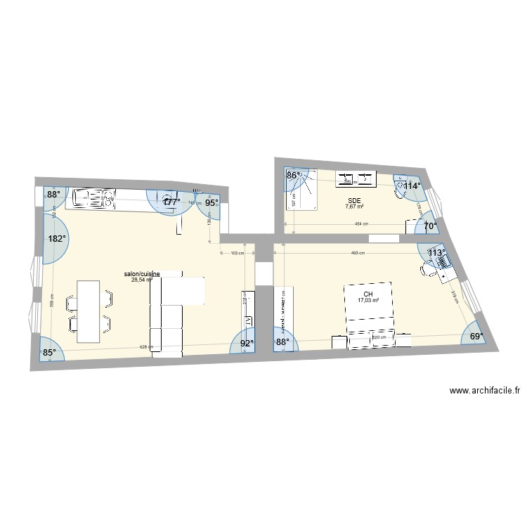 T2 1er etage. Plan de 3 pièces et 53 m2