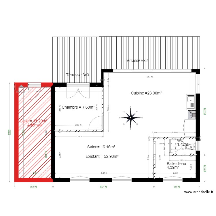 Existant  et a demolir                bon     Richard chalet 32. Plan de 2 pièces et 63 m2