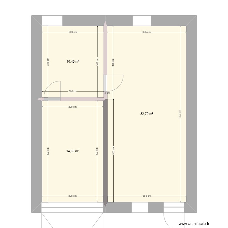 RDC. Plan de 3 pièces et 58 m2