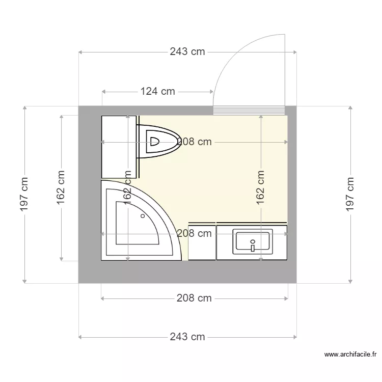 Salle de bain studio BN. Plan de 