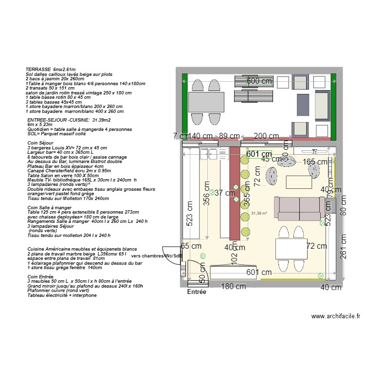 escurial séjour cuisine entrée projet quotidien table de 4- 2 rad. Plan de 1 pièce et 31 m2