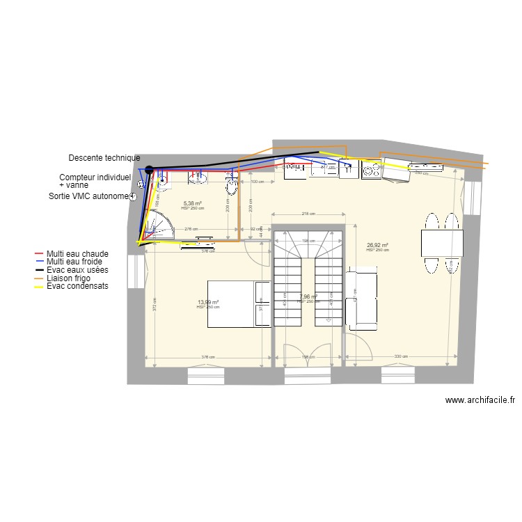 Malaucene R2 plomberie. Plan de 4 pièces et 54 m2