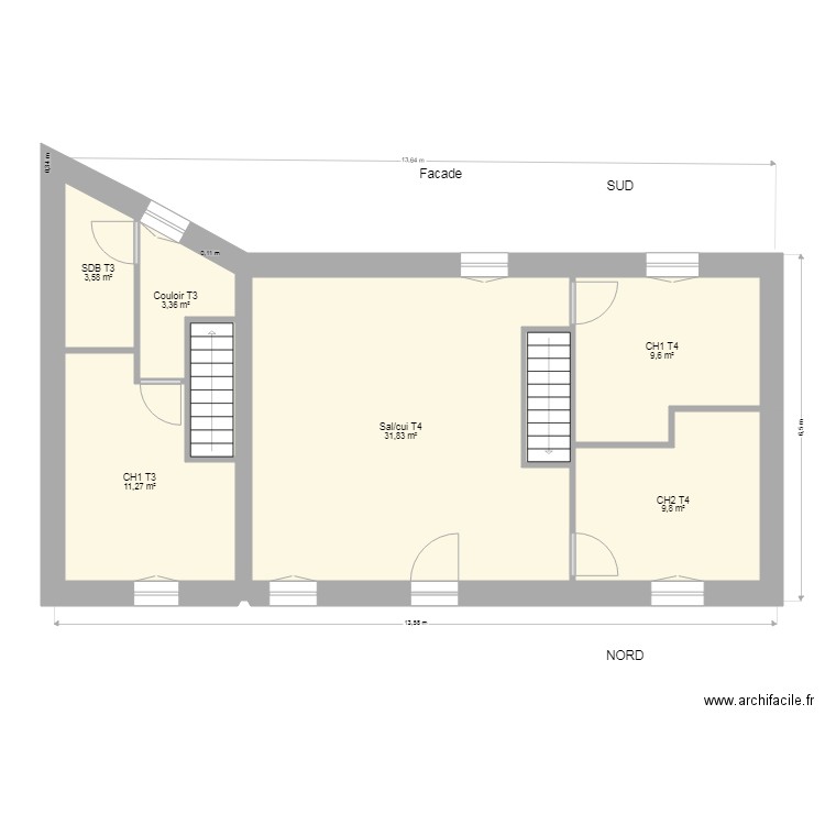 1er REBAIS aménagé. Plan de 8 pièces et 74 m2