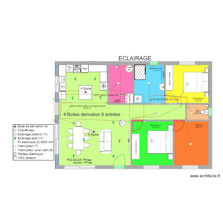 01elec eclairage. Plan de 7 pièces et 90 m2